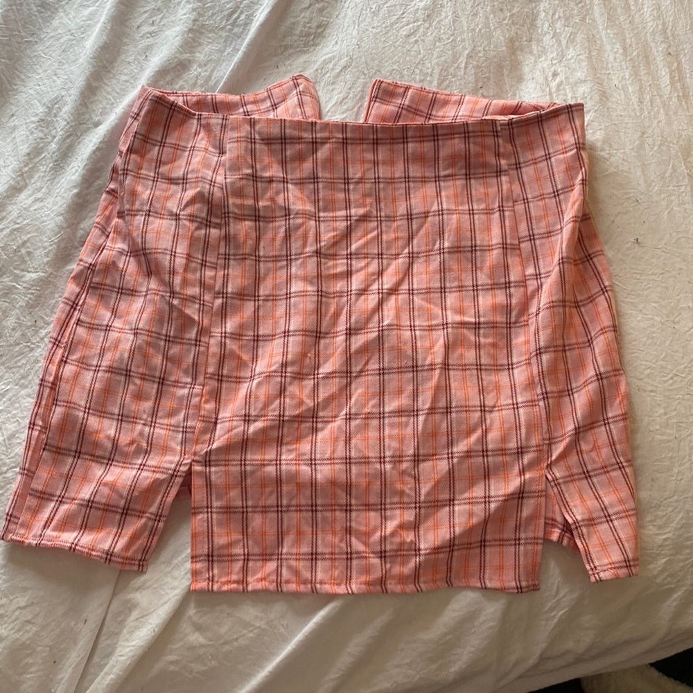 Pink plaid zip up pencil skirt